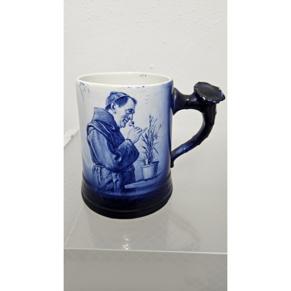 Vintage‎ Flow Blue Monk Transferware Ceramic Mug Cobalt Blue Branch Handle Stein